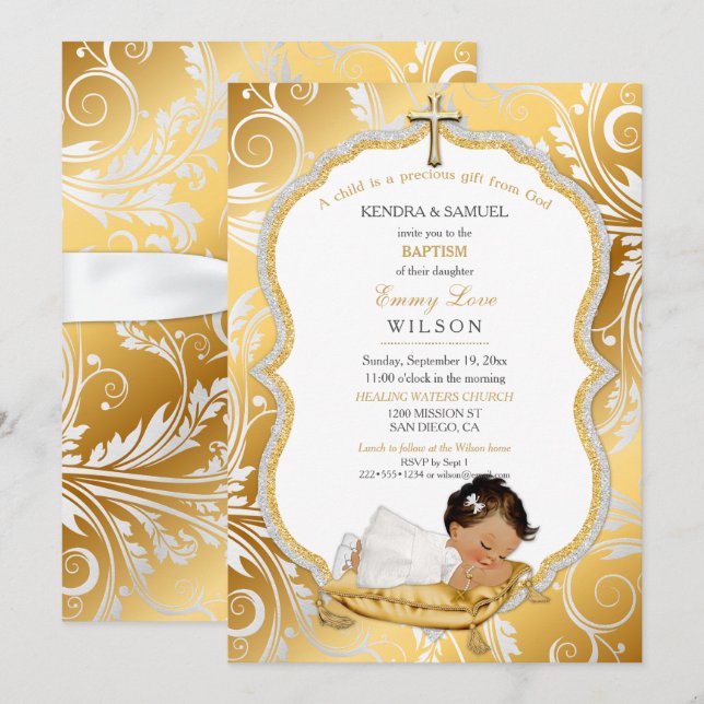 Invitation Baptême de bébé fille ethnique Croix en or (Devant / Derrière)