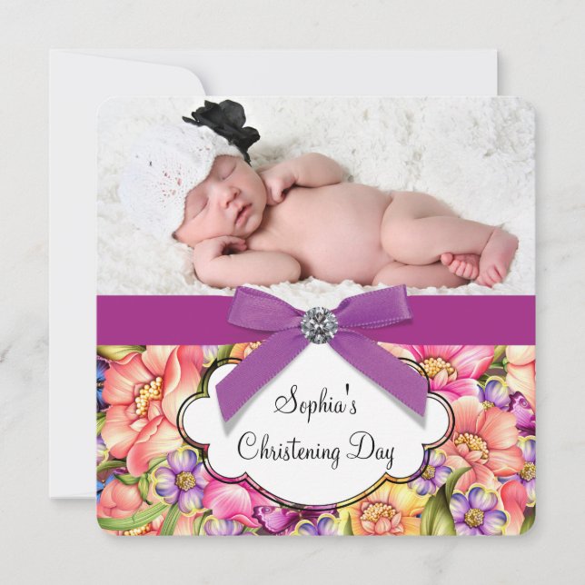 Invitation Baptême de bébé fille floral rose violet (Devant)