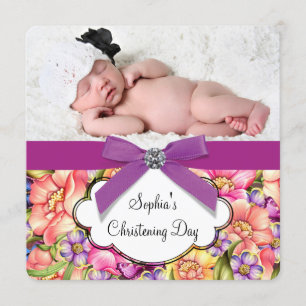 Invitation Baptême de bébé fille floral rose violet