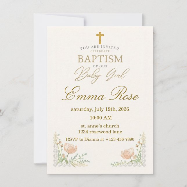 Invitation Baptême de bébé fille mignon personnalisé  (Devant)