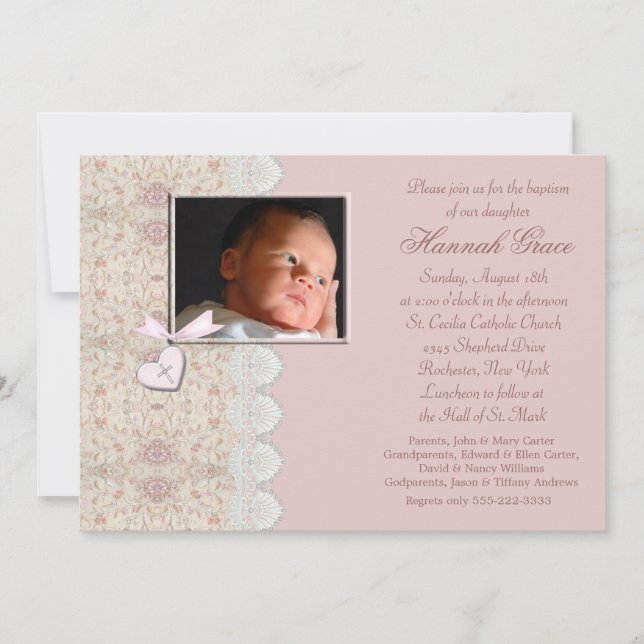 Invitation Baptême de bébé fille rose (Devant)