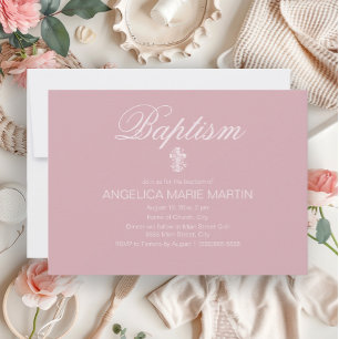Invitation Baptême de bébé fille rose blush avec croix