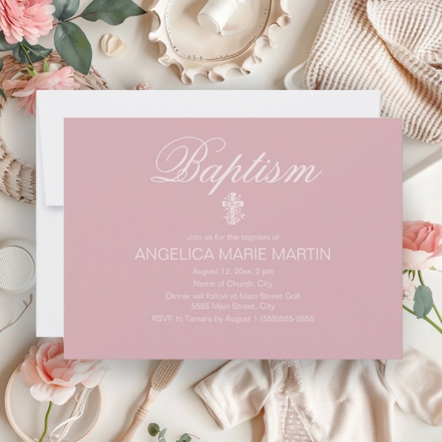 Invitation Baptême de bébé fille rose blush avec croix (Elegant blush pink baby baptism invitation)