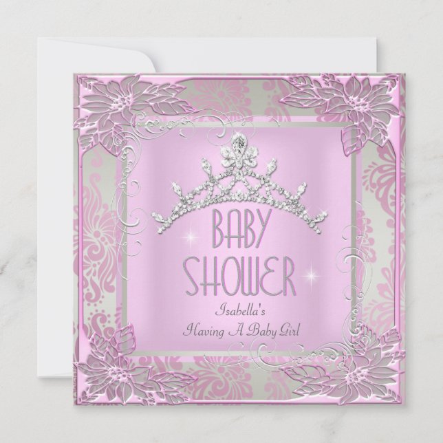 Invitation Baptême de Bébé Fille Rose Couronne de Princesse D (Devant)