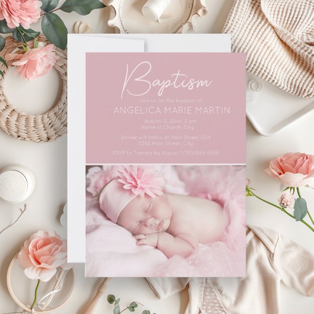 Invitation Baptême de bébé fille rose poudré photo (Blush pink baby baptism photo invitation)