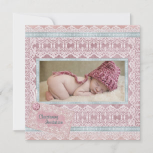 Invitation Baptême de bébé fille rose sarcelle vintage Photo