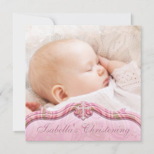 Invitation Baptême de bébé fille rose vert paisley photo