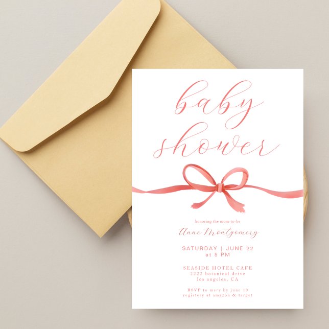 Invitation Baptême de Bébé Fille Ruban Rose Calligraphie Élég (Créateur téléchargé)