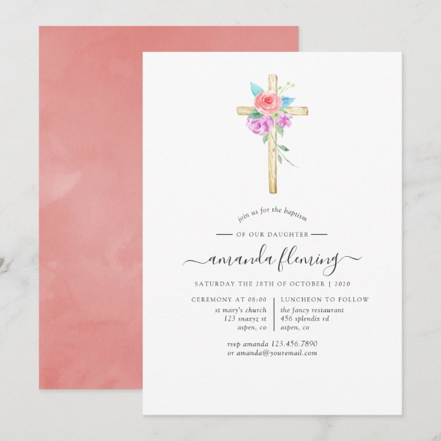Invitation Baptême de bébé floral aquarelle pastel (Devant / Derrière)