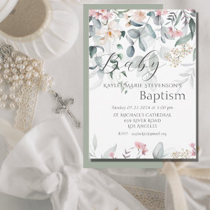 Invitation Baptême de bébé floral vert