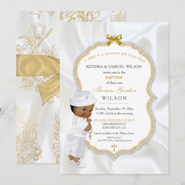 Invitation Baptême de bébé garçon afro-américain croix en or (Devant / Derrière)
