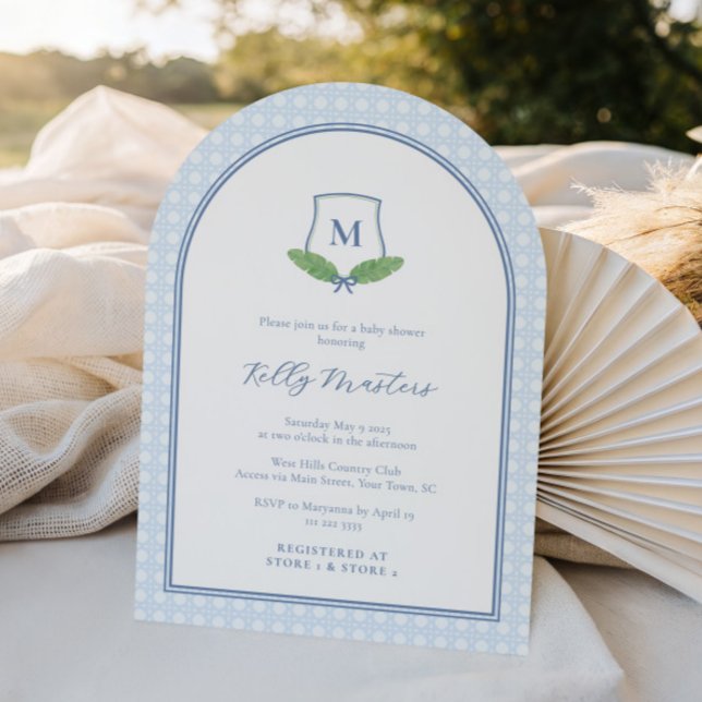 Invitation Baptême de bébé garçon avec monogramme d'arche mod (Preppy pale blue and green monogram baby shower invite cards with arch and bamboo cane weave print)