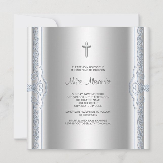 Invitation Baptême de bébé garçon bleu argenté (Devant)