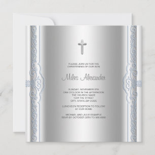 Invitation Baptême de bébé garçon bleu argenté