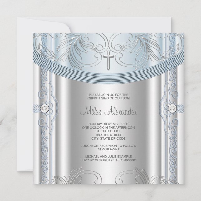 Invitation Baptême de bébé garçon bleu argenté (Devant)