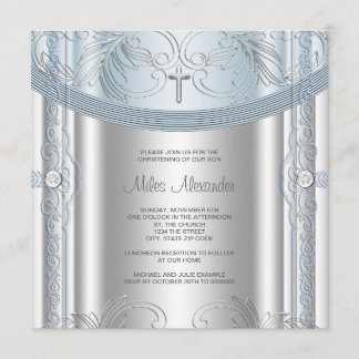 Invitation Baptême de bébé garçon bleu argenté