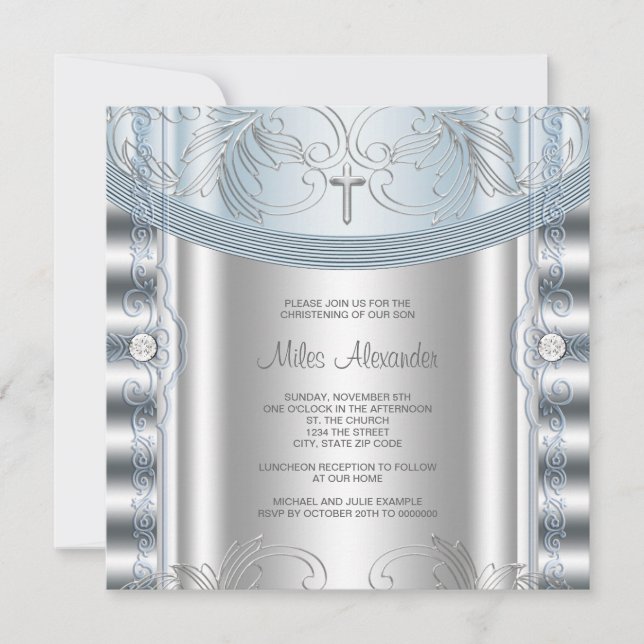 Invitation Baptême de bébé garçon bleu argenté (Devant)
