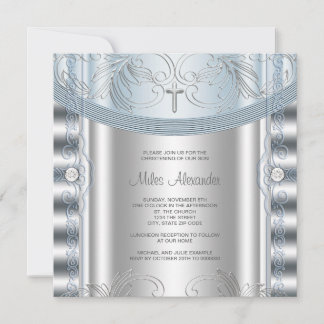 Invitation Baptême de bébé garçon bleu argenté