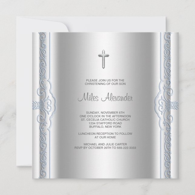 Invitation Baptême de bébé garçon bleu argenté (Devant)