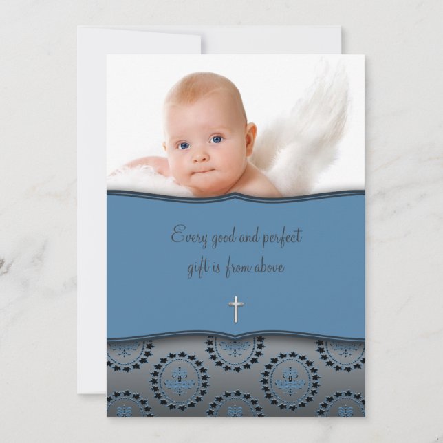 Invitation Baptême de bébé garçon bleu Photo (Devant)