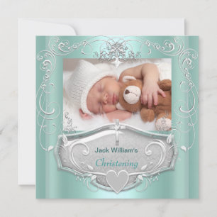 Invitation Baptême de bébé garçon croix argentée mint