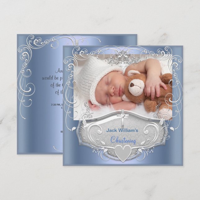 Invitation Baptême de bébé garçon croix bleue argent (Devant / Derrière)