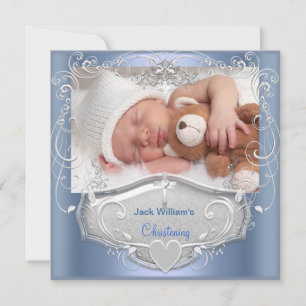 Invitation Baptême de bébé garçon croix bleue argentée