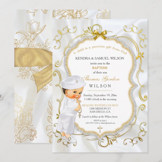 Invitation Baptême de bébé garçon croix dorée paillettes (Devant / Derrière)