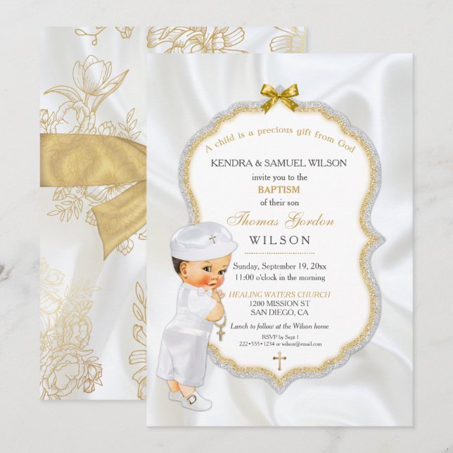 Invitation Baptême de bébé garçon croix en or (Devant / Derrière)