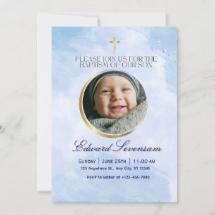Invitation Baptême de bébé garçon Editable Blue Cloud 