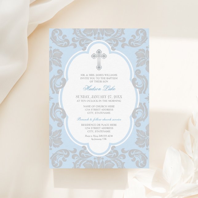 Invitation Baptême de bébé garçon élégant bleu damassé argent (Créateur téléchargé)
