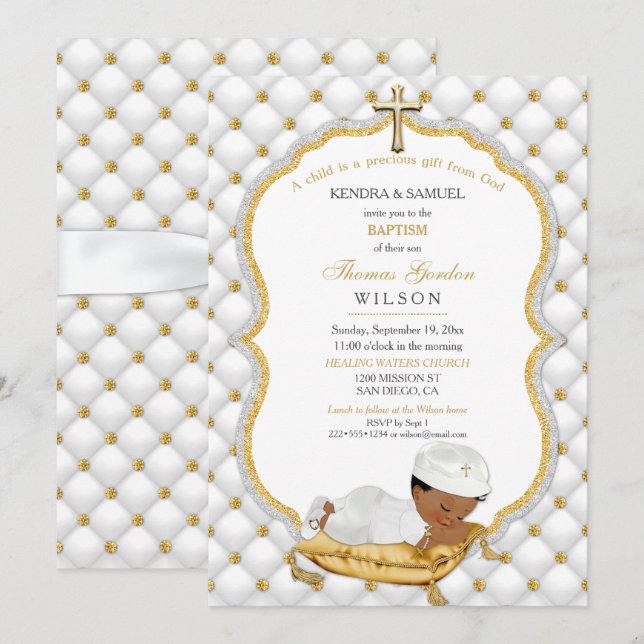 Invitation Baptême de bébé garçon ethnique Croix en or (Devant / Derrière)