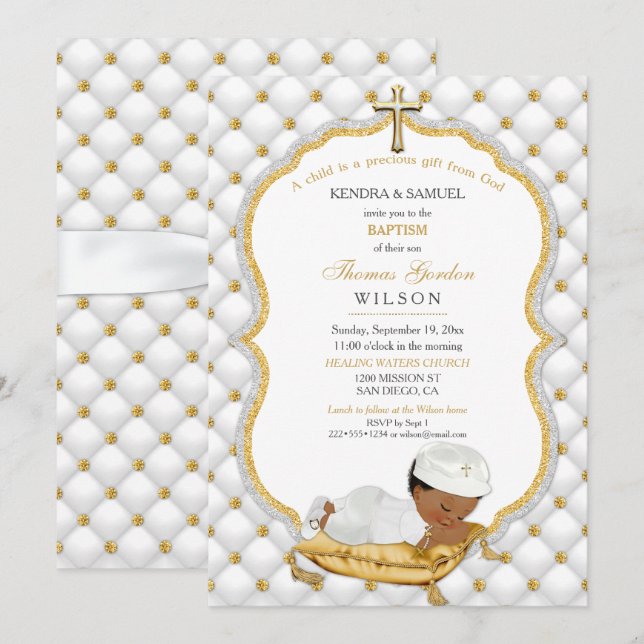 Invitation Baptême de bébé garçon ethnique Croix en or (Devant / Derrière)