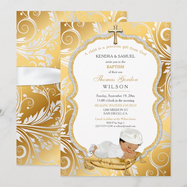 Invitation Baptême de bébé garçon ethnique Croix en or (Devant / Derrière)