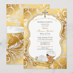 Invitation Baptême de bébé garçon ethnique Croix en or