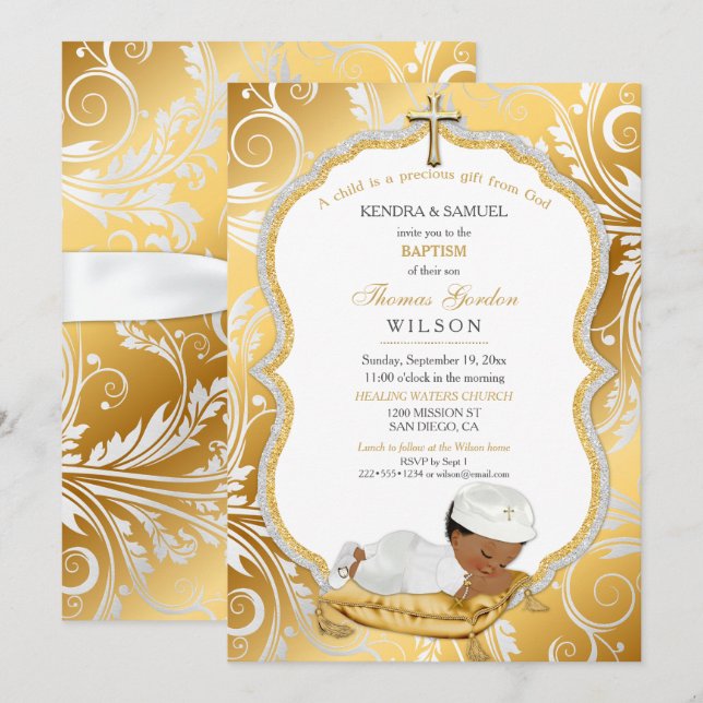 Invitation Baptême de bébé garçon ethnique Croix en or (Devant / Derrière)