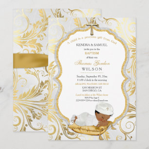 Invitation Baptême de bébé garçon ethnique Croix en or