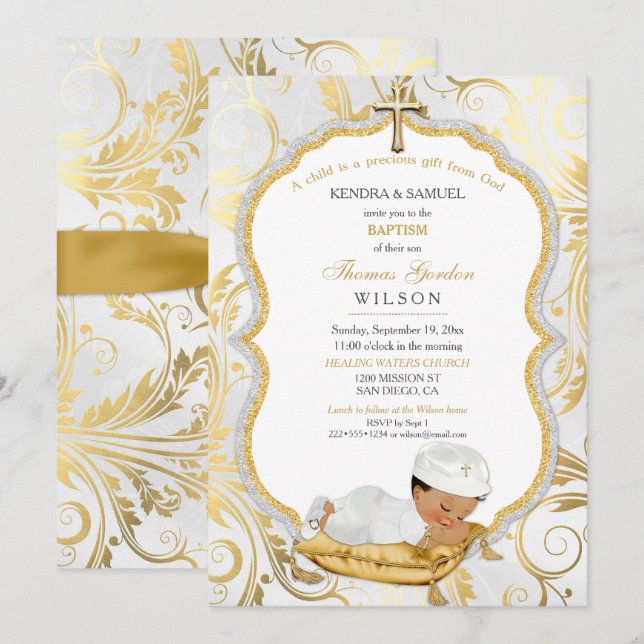 Invitation Baptême de bébé garçon ethnique Croix en or (Devant / Derrière)