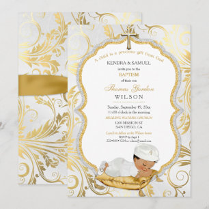 Invitation Baptême de bébé garçon ethnique Croix en or