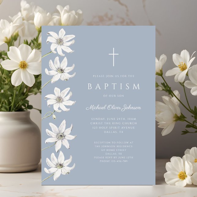 Invitation Baptême de bébé garçon floral bleu élégant (Elegant Blue Floral Baby Boy Baptism Invitation)
