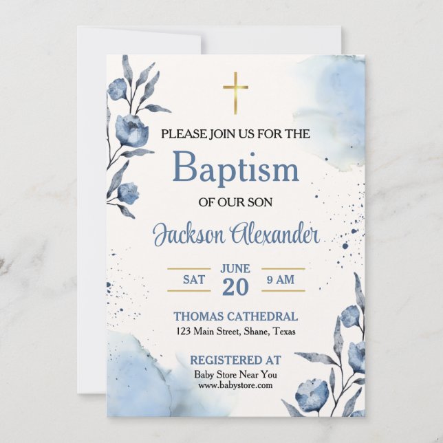 Invitation Baptême de bébé garçon floral bleu pastel (Devant)