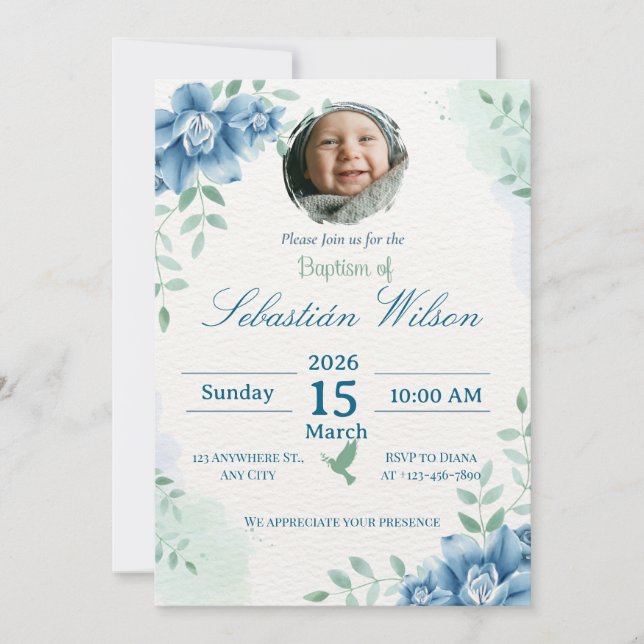 Invitation Baptême de bébé garçon mignon modifiable (Devant)