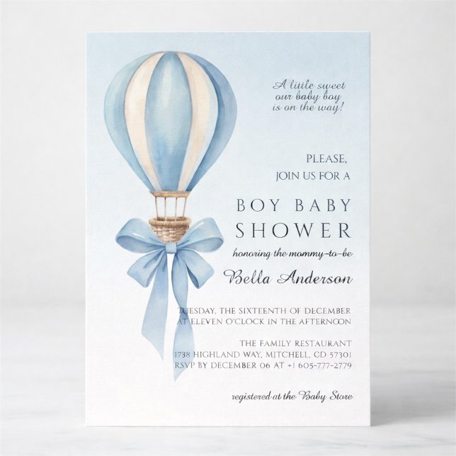 Invitation Baptême de bébé garçon montgolfière aquarelle bleu (Blue Watercolor Hot Air Balloon Boy Baby Shower Invitation)