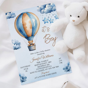 Invitation Baptême de bébé garçon Montgolfière Bleue Fantaisi