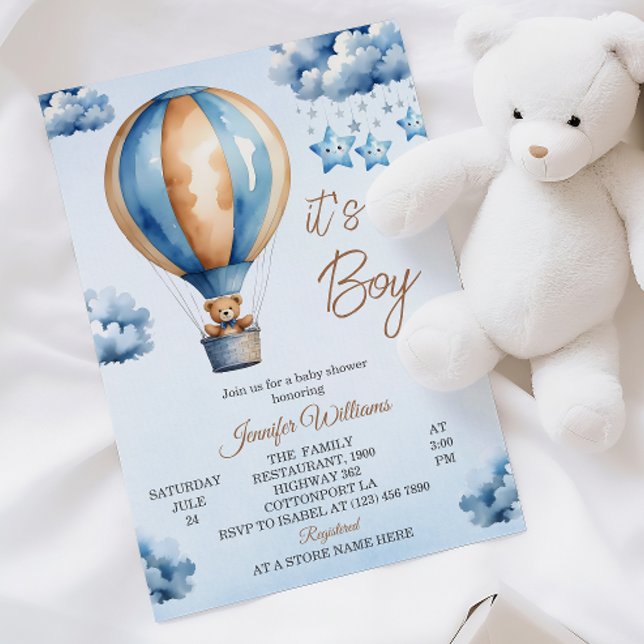 Invitation Baptême de bébé garçon Montgolfière Bleue Fantaisi (Créateur téléchargé)