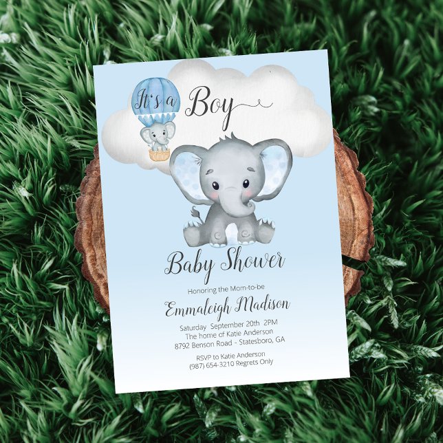 Invitation Baptême de bébé garçon Montgolfière éléphant C'est (Créateur téléchargé)