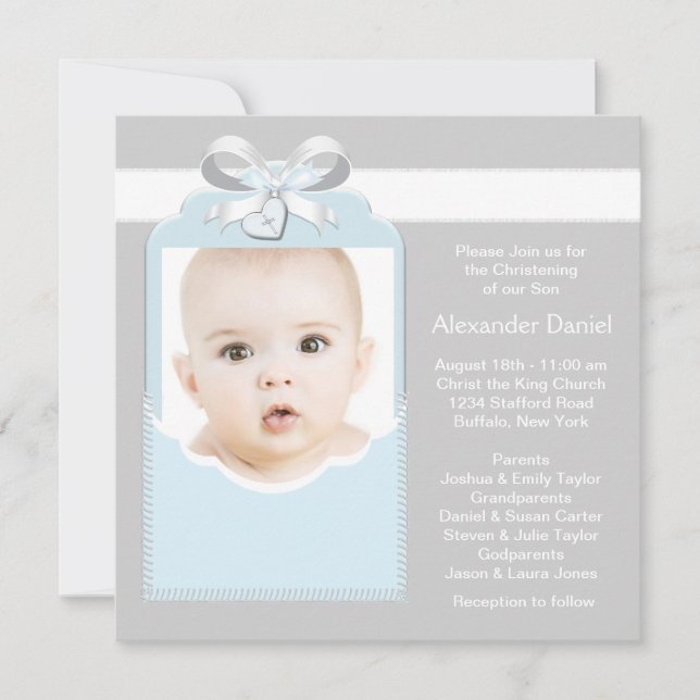 Invitation Baptême de bébé garçon photo Bleu et Gris (Devant)