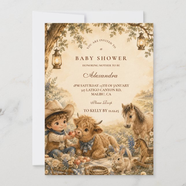 Invitation Baptême de bébé garçon Western Boho intemporel (Devant)