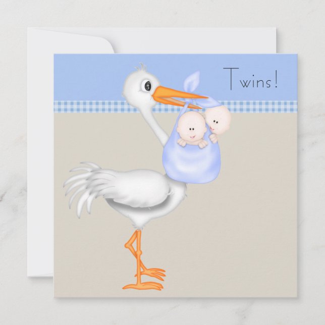 Invitation Baptême de bébé jumeaux Stork Bleu Beige à carreau (Devant)