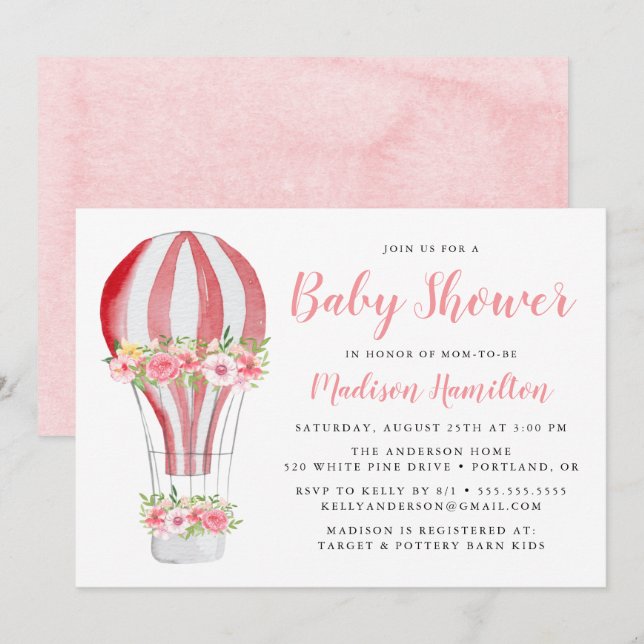 Invitation Baptême de Bébé Montgolfière Aquarelle (Devant / Derrière)